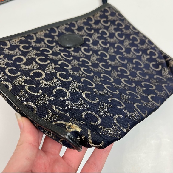 CELINE Clutch Bag C Macadam Blue Logo Carriage Cloth Nylon Leather Purse